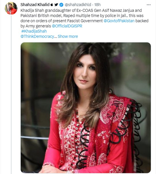 'pakistani british model khadija shah raped in prison' tweeted by pti activist