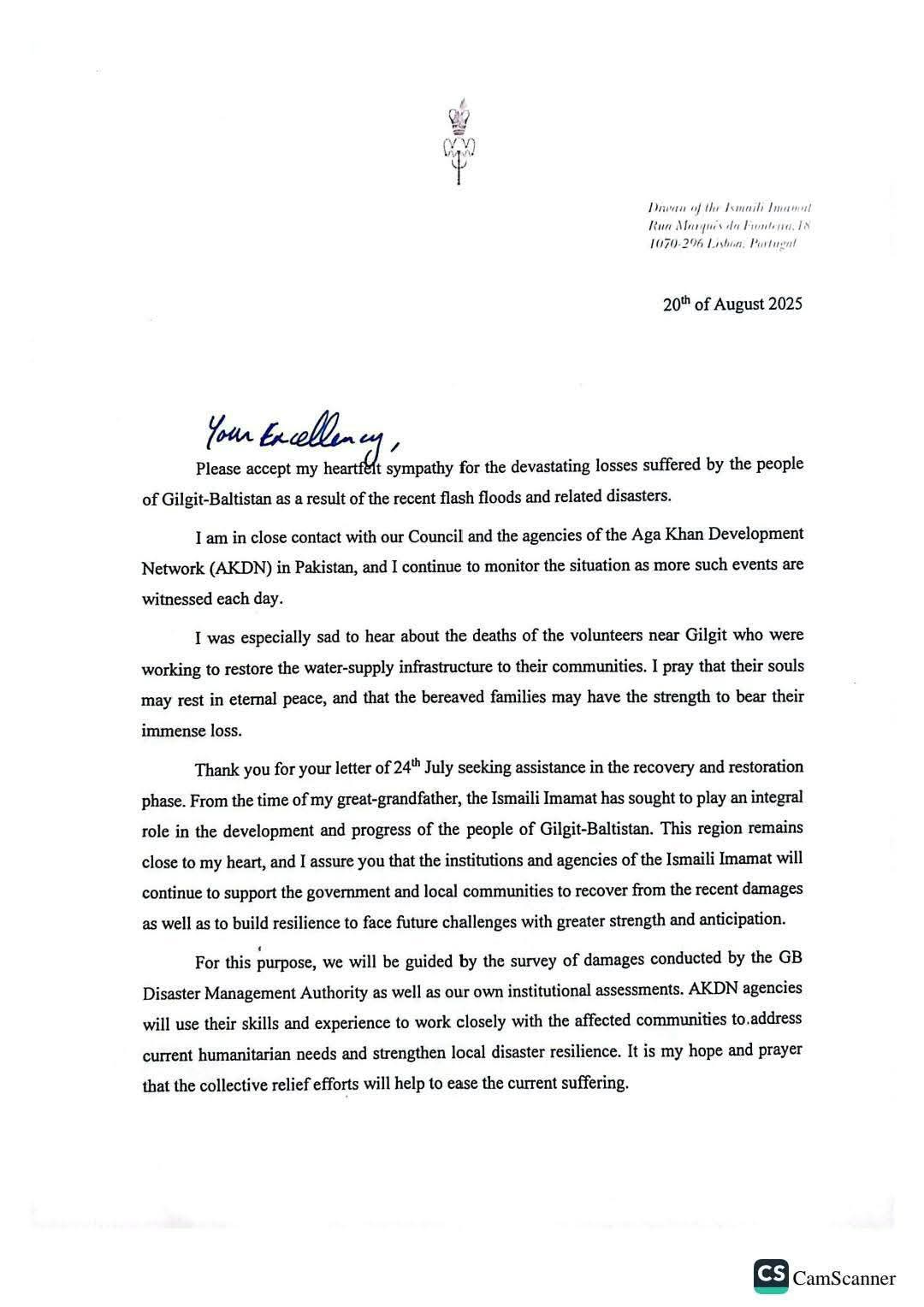 PRINCE RAHIM AGA KHAN ASSURES ASSISTANCE TO FLOOD AFFECTEES OF GILGIT BALTISTAN 2025